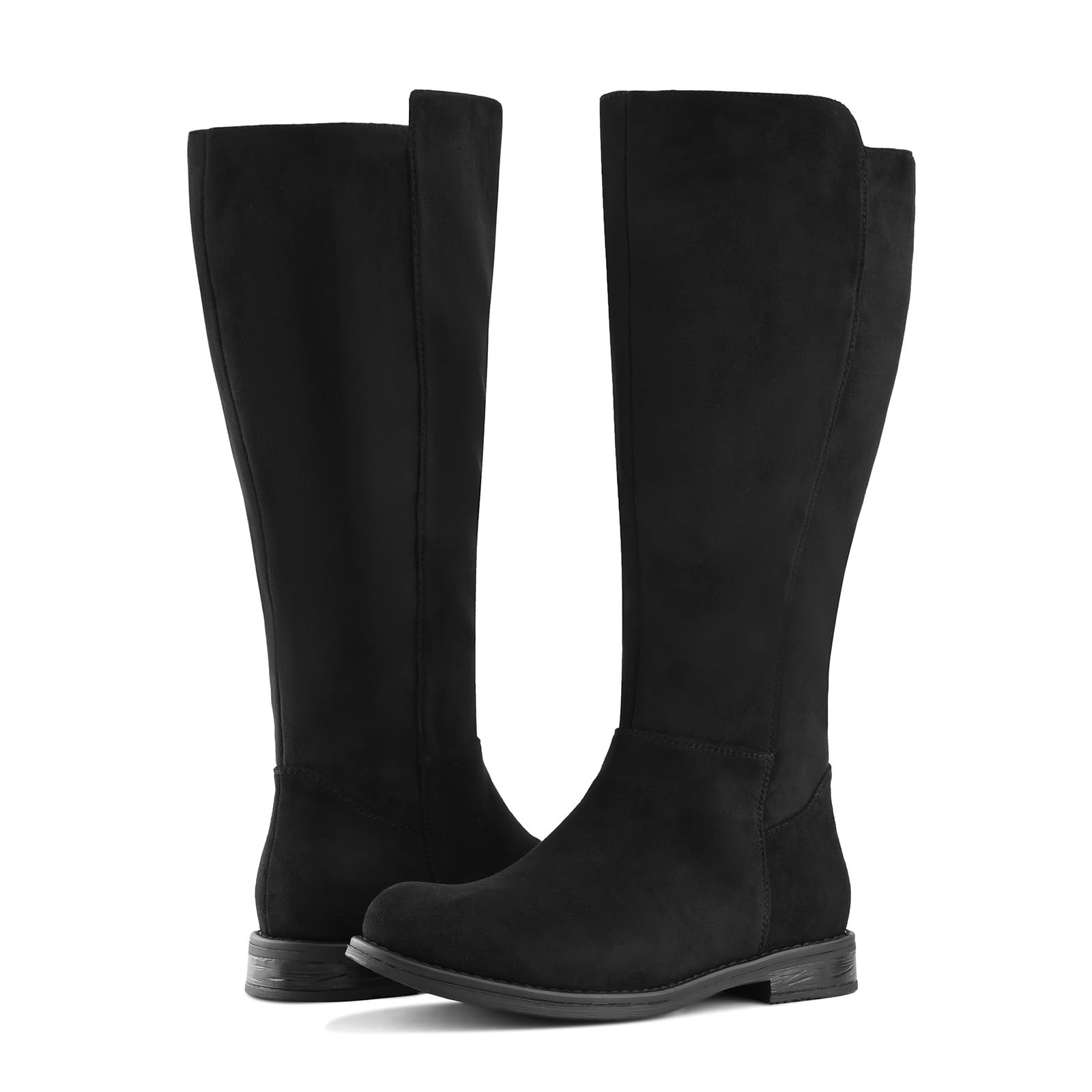 ShoeN Tale Wide Calf Knee High Boots for Women Flat Low Heel Width Stretchy Round Toe with Side