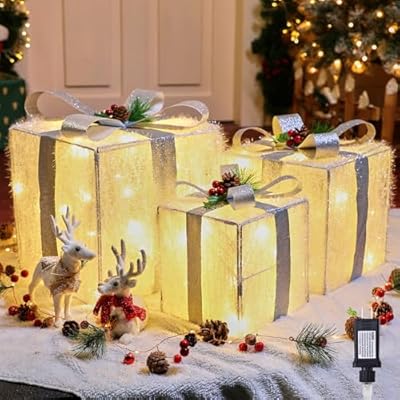 Set of 3 Christmas Decorations Lighted Gift Boxes, 12in 10in 8in with 60 Pre-Lit Mini String Lights?Foldable LED Xmas Gift Boxes with Bows for Tree Indoor Outdoor Holiday Party Yard Home Decor
