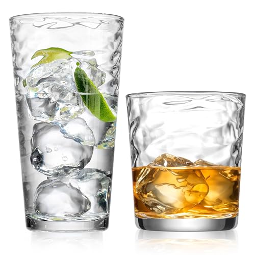 Glaver's Glassware Set of 8 Drinking Glasses, 4-17 Oz Highball Glasses and 4-13 oz. Whiskey Glasses. Origami Kitchen Glass Cups for Home Bar Uses Water, Juice, and Cocktails.