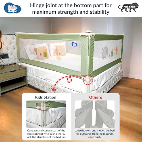Image of Kids Station 2 Side Basic Bed Rail Guard (6.6ft x 6ft / 200cm x 180cm), Bed Railing for Baby Safety, Kids Toddler Bed Protector Side Walls, Adjustable Height, Portable & Foldable (Green)