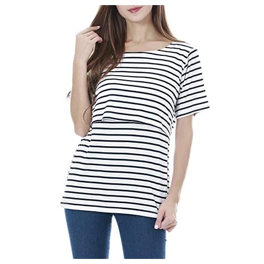 Smallshow Tops de enfermería Camisas de Manga Corta de Maternidad para Mujeres Ropa de Lactancia Materna White Stripe Medium