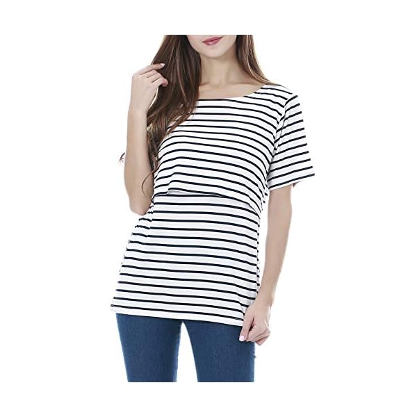 Smallshow-Womens-Maternity-Nursing-Tops-Short-Sleeve-Breastfeeding-Clothes Smallshow 3 Pcs Maternity Nursing T-Shirt Nursing Tops White Stripe-Black-Grey Medium