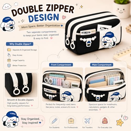 Image of Kawaii Cute Aesthetic Pencil Case for Girls & Boys | 3 Layer 6 Compartment Large Capacity Pencil Pouch with Zipper | Cartoon Stationery Organizer Bag for Students & Kids (Black)