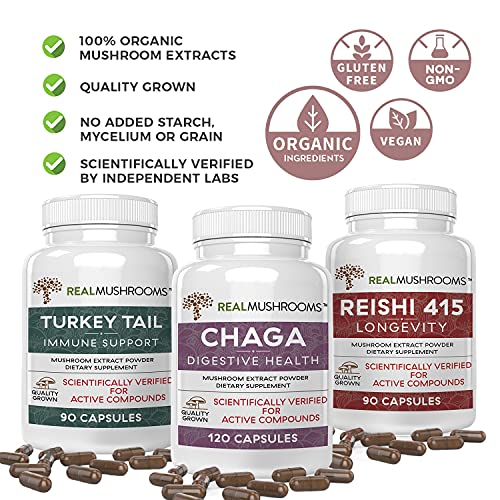 Reishi 415 Longevity Capsules (90Ct), Turkey Tail Mushroom Extract Immune Support (90Ct), Chaga Extract Mushroom Supplement (120 Caps) #TOP2