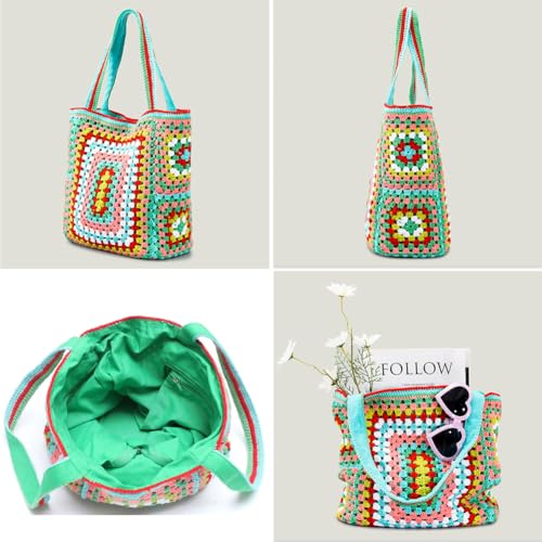 Image of Knitted Shouder Bags for Women Crochet Handbag Colorful Summer Totes Oversized Woven Top Handle Purse