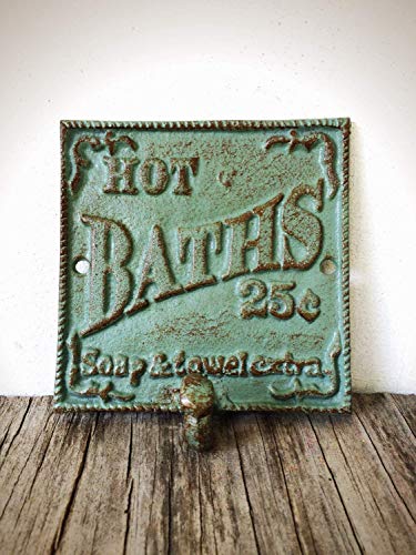 Vintage Style “HOT BATH” Towel Hook Sign – Decorative Cast Iron Bathroom Organizer – Antique Green and Copper Patina Vintage Style “HOT BATH” Towel Hook Sign – Decorative Cast Iron Bathroom Organizer – Antique Green and Copper Patina