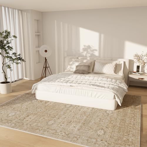 Washable Living Room Area Rugs: 8'x10' Large Rug Stain Resistant Distressed Vintage Boho Rug Non Slip Low Pile Faux Wool Soft Rug for Bedroom Bedside Kitchen Farmhouse Nursery Playroom Dining Room