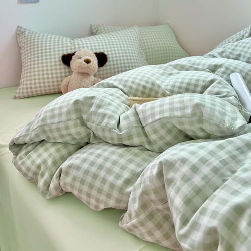 Image of Nayoroom Green Gingham Duvet Cover Full Size Plaid Checkered Duvet Cover Girls Dorm Bedding Set 3 Pieces Soft Lightweight Washed Microfiber Farmhouse Bedding with Pillowcases