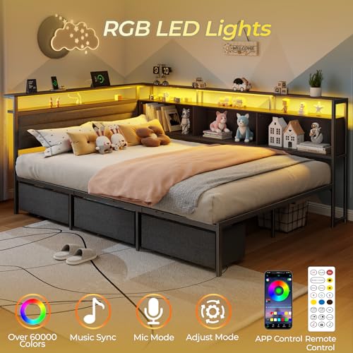 Image of OURPIC Full Size Bed Frame with Headboard and Storage Drawers, Full Metal Platform Corner Bed Frame with Charging Station and LED Lights, Heavy Duty Strong Support Slats and Easy to Assemble, Black