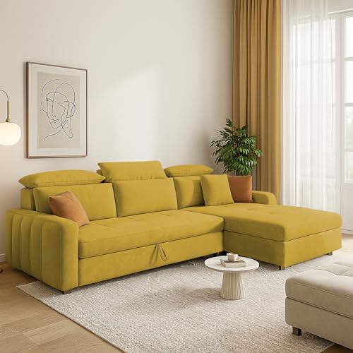 Image of Casaliving Gagnon RHS 4 Seater L Shape Corner Sofa Cum Bed for Living Room (Yellow Fabric) Premium Fabric Sofa