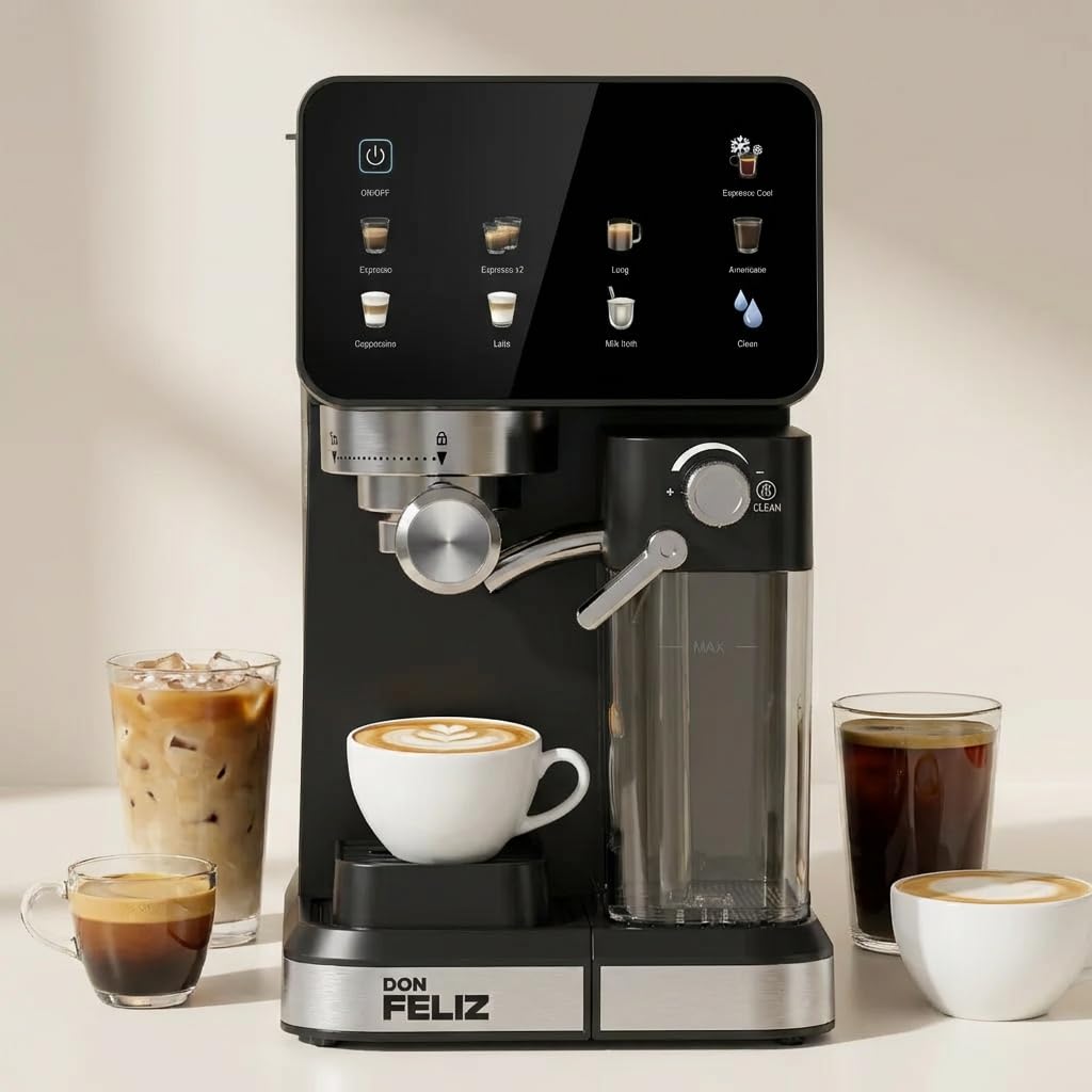 Don Feliz Cafetera Espresso Semiautomática 20 Bar 1350W con Pantalla LCD, Depósito de Leche 500ml, Depósito de Agua 1.5L, Compatible con Nespresso, Cappuccino, Americano, Autolimpieza