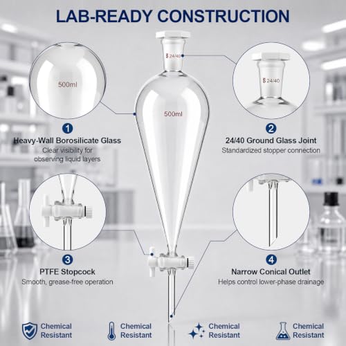 Image of Tellegloww 500 ml Heavy Wall Conical Separatory Funnel Borosilicate Glass