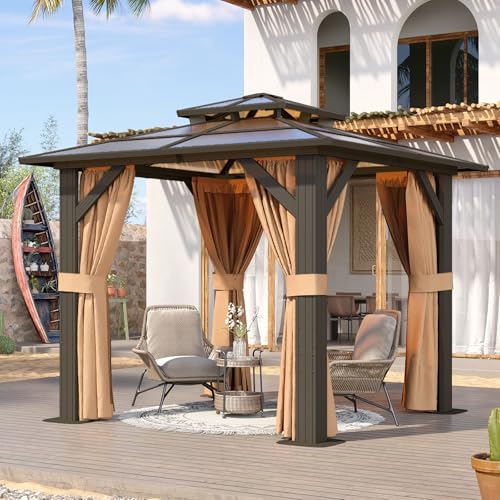 Aoxun 8'x8' Hardtop Gazebo, Aluminum Frame Permanent Pavilion with Curtains and Netting, Outdoor Polycarbonate Double Roof Canopy, Designed for Garden, Lawns, Patio, Brown