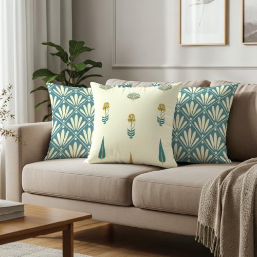 Image of Urban Space Decorative Cotton Cushion Cover Set of 3, 16 Inch X 16 Inch Cushion Covers for Sofa, Bedroom, Living Room (Amaya Dusty Blue and Orchard Dark Teal, Cushion Cover 40Cm X 40Cm, Set of 3)