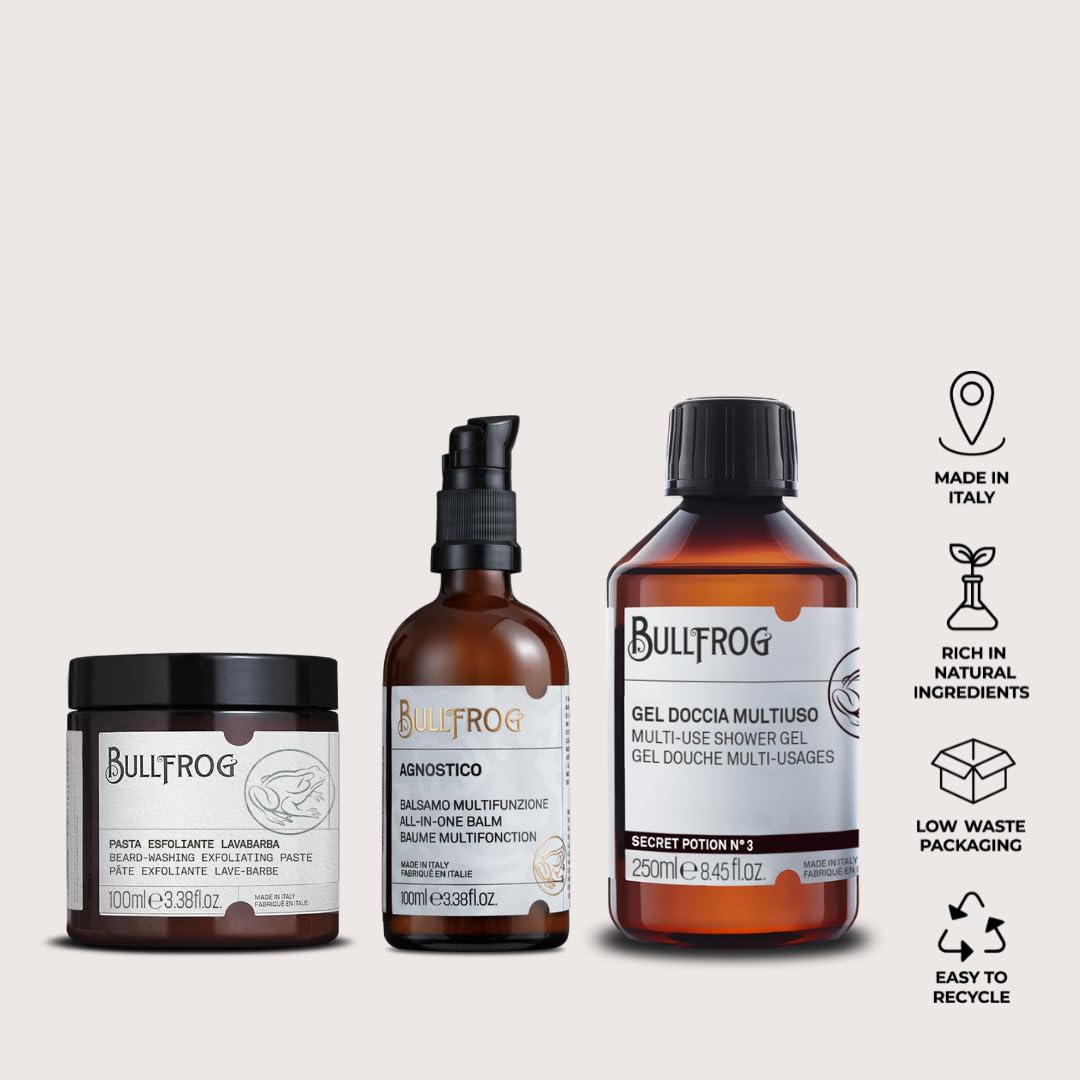 Bullfrog - Kit Everyday Essentials, Agnostico Balsamo Multifunzione Originale 100ml, Pasta Esfoliante Lavabarba 100ml, Gel Doccia Multiuso Secret Potion N.3 250ml