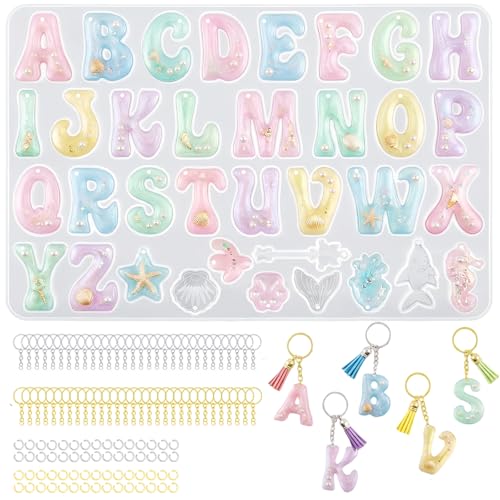 Anlan-angel Alphabet Keychain Molds with Hole 121Pcs Reversed Alphabet Silicone Molds for Resin Letter Number Epoxy Casting Molds Keychain Making Kit with Key Ring O Ring for Resin Crafts