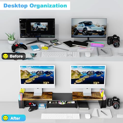 Spacrea Metal Desk Organizers and Accessories, Dual Monitor Stand Riser with Drawer and 2 Pen Holders, Desk Accessories & Workspace Desktop Organizers for Office Supplies (Wood)