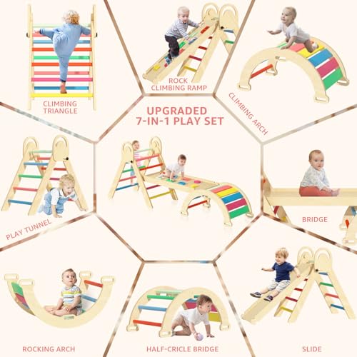 Image of Pikler Triangle Set, Montessori Climbing Set, Baby Climbing Playset Toys Indoor, Jungle Gyms for Toddlers Ages 1-4, Toddler Climbing Playground (Rainbow-Nature)