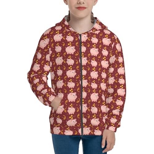 Cute Pig with Coins Kid Hoodies Boys Zip Up Sweatshirts Girls Pullover with Pocket3