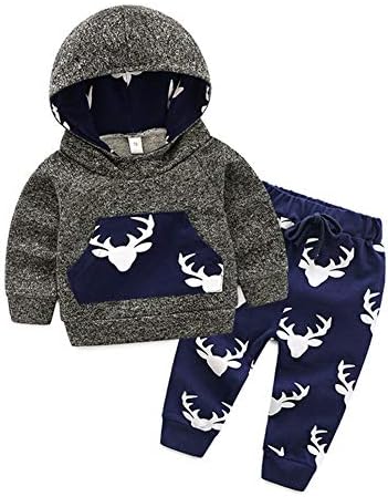 Sampheya Infant Baby Boys Deer Long Sleeve Hoodie Tops Sweatsuit + Pants Outfit Set for Newborn Boys