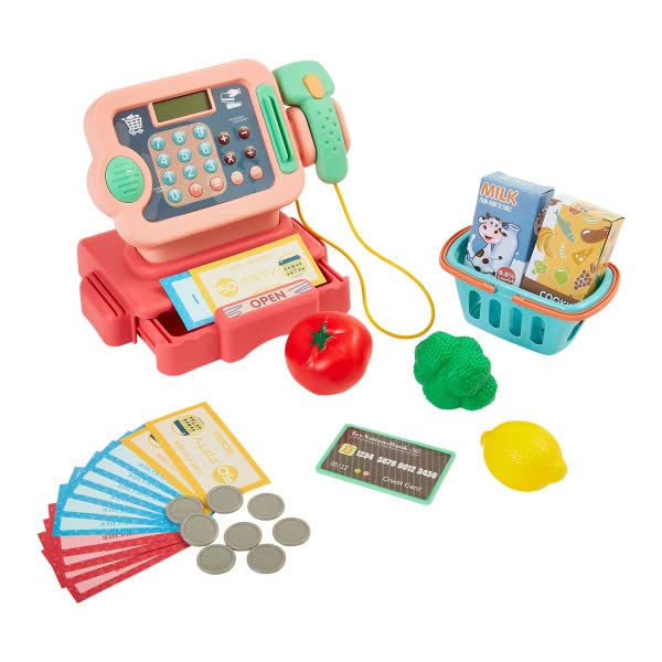 Cash Register for Kids - Grocery Store Pretend Play with Scanner, Realistic Sounds, and Play Food - Cash Register for Ages 3 and Up, 30-Piece-Set