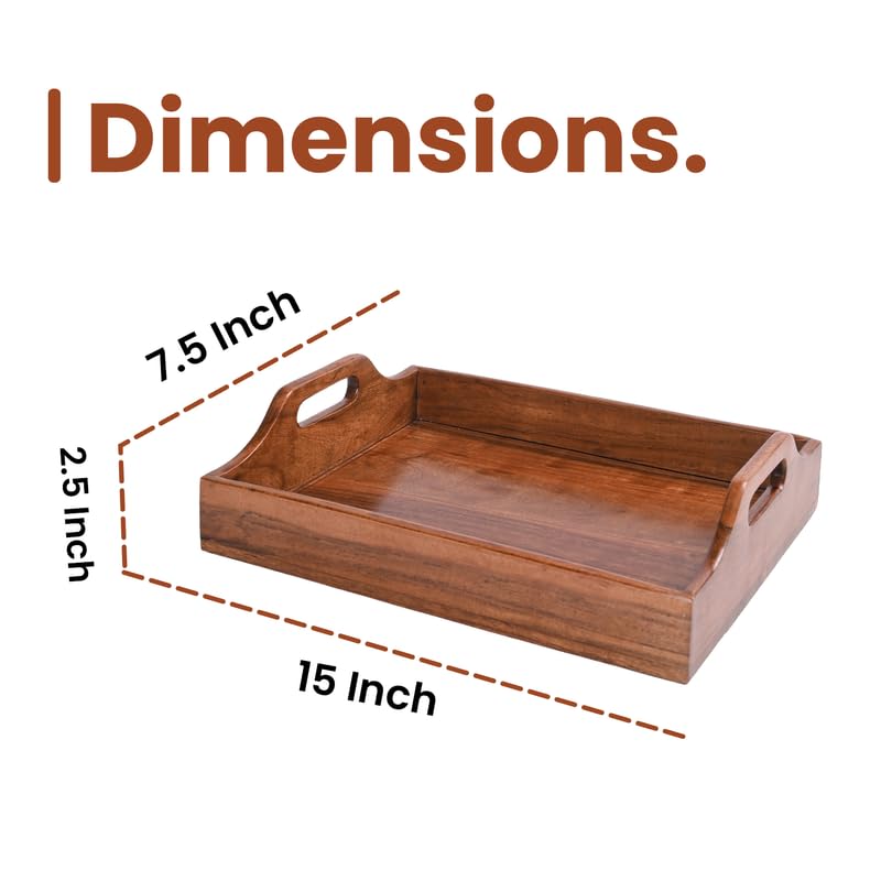 Image of Wooden Serving Tray - 15 Inch Rectangular Wooden Tray for Coffee Table, Kitchen, Breakfast & Home Decor | Multipurpose Organizer & Gift (Raised Handle)
