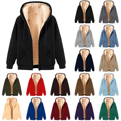 ABABC Fleece Jacket Women Long Sleeve Zip Up Hooded Jacket Casual Warm Sherpa Lined Winter Jackets Coats with Pockets