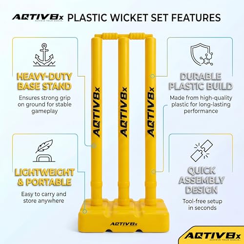 Image of Plastic Cricket Wicket Set Full Size with 1 Base, 2 Bails & 3 Wickets (Yellow)