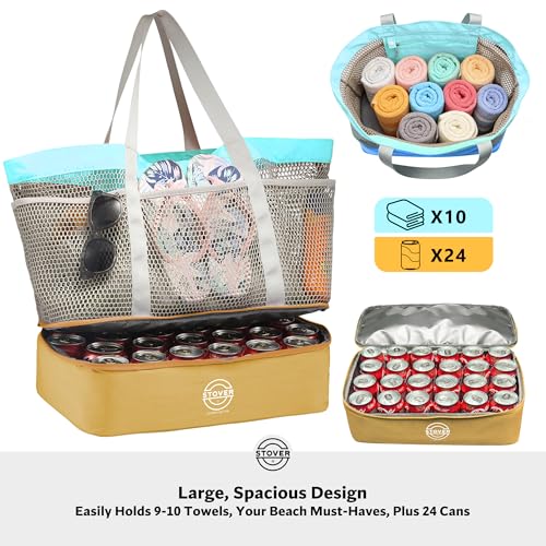 STOVER Extra Large Mesh Beach Bag with Cooler Compartment - 24 Can Insulated Bottom, Holds 9-10 Towels, 6 Pockets, Foldable Beach Tote for Pool, Travel & Family Vacations (Shoreline Sand) by STOVER - Used condition - Image 2
