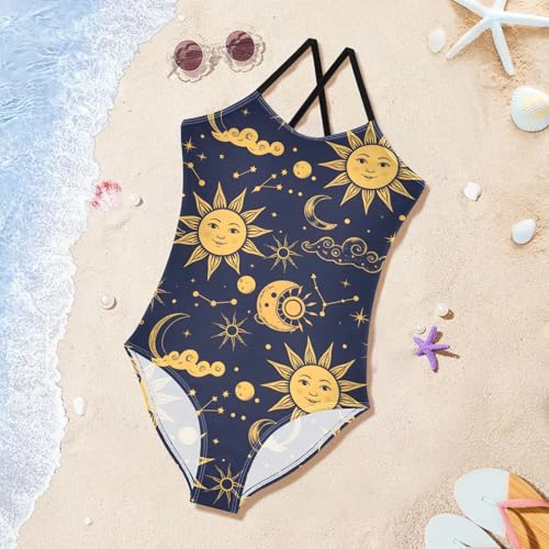 Star Moon Pattern Girls Swimsuits Quick Dry Crossback One Piece Beach Swimwear Bathing Suit3