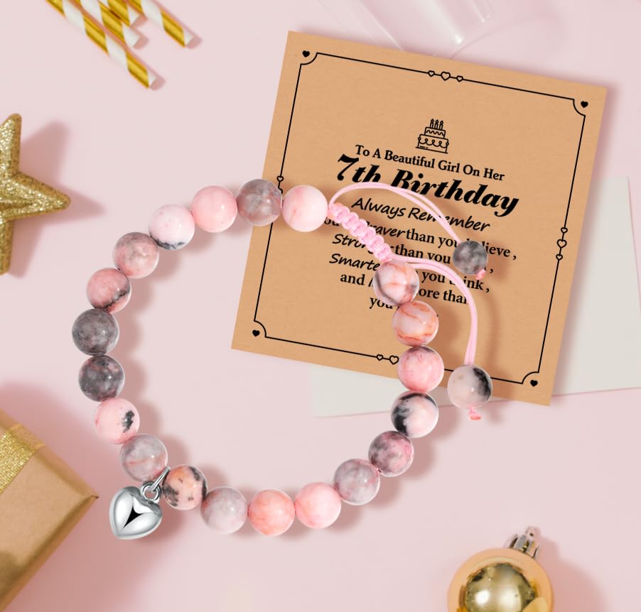 Adjustable Pink Natural Stone Heart Bracelet Birthday Gifts for age: 5-9 Year Old Daughter Daughter Big Sister Teen Girls Granddaughter Niece Girl,Christmas Gifts for Granddaughter Niece-573