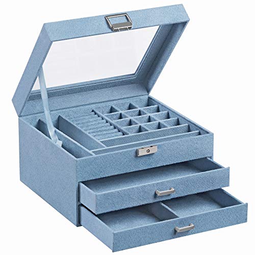 SONGMICS Jewelry Box, 3-Tier Jewelry Display Case and Organizer with Clear Glass Lid, Varying Compartments for Necklaces, Bracelets, Rings, Lock and Key, Light Blue UJBC158Q01