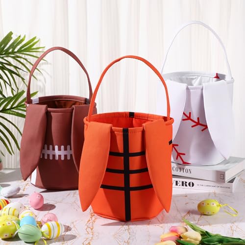 Image of Kacctyen Easter Baseball Bunny Basket Easter Sports Baskets with Rabbit Ears Tote Easter Snack Bags for Easter Egg Hunt Game