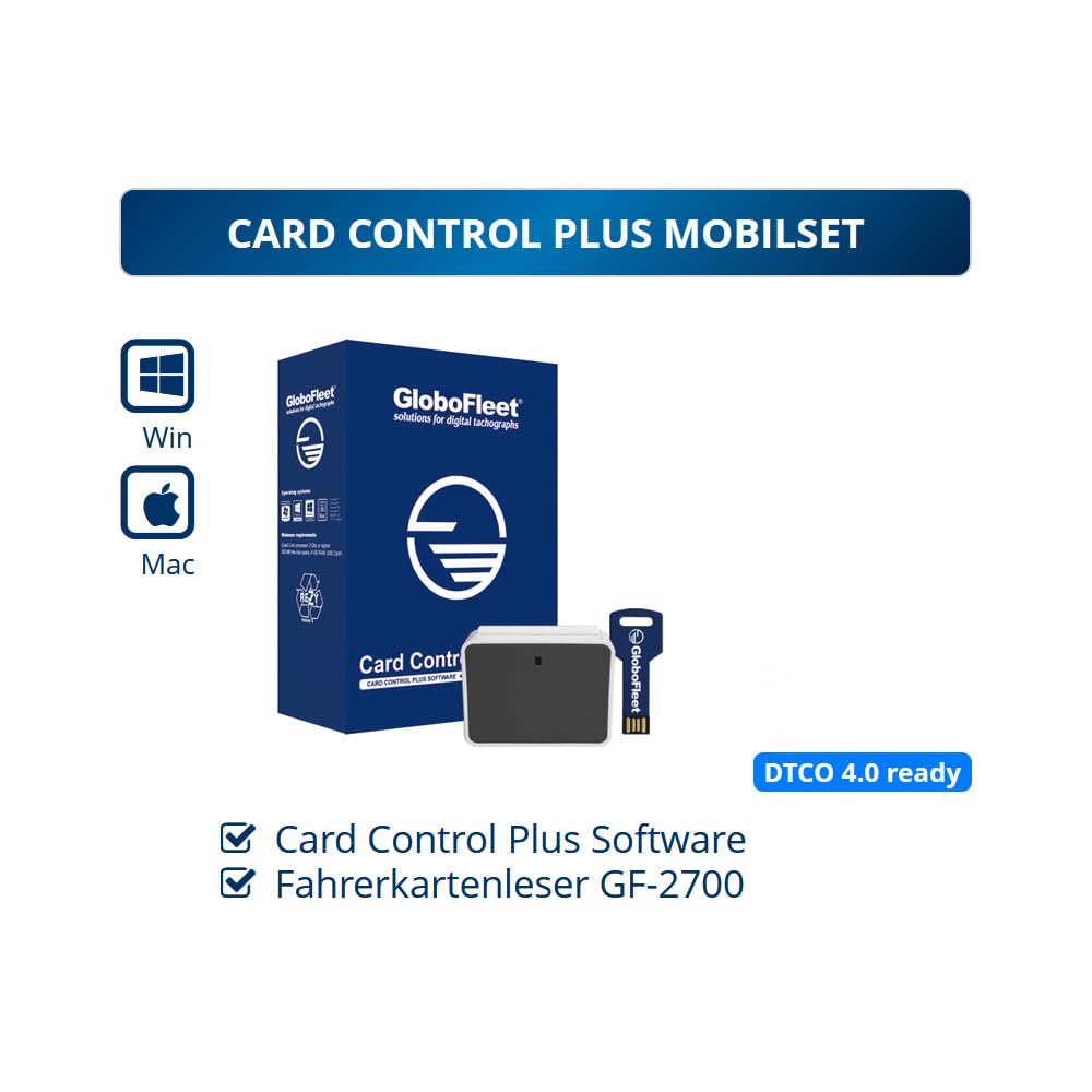 GloboFleet Card Control Plus Mobilset - zum auslesen, auswerten und archivieren der Fahrerkarte mit erweiterter Verstoß Auswertung - DTCO 4.1 kompatibel, USB KEY Version