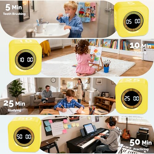Image of KADAMS Timer Pomodoro - Productivity Pomodoro Cube, 5 /10 /25 /50 Min Countdown & Countup, Silent - for Work Study Workout Kitchen School Classroom Office ADHD Gift Kids (1, Yellow)