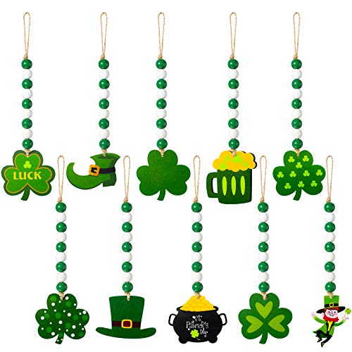 10 Pieces St Patrick's Day Wood Bead Garlands Green Shamrock Bead Ornaments Rustic Farmhouse Beads Pendants Hanging for St Patrick's Day Home Decoration