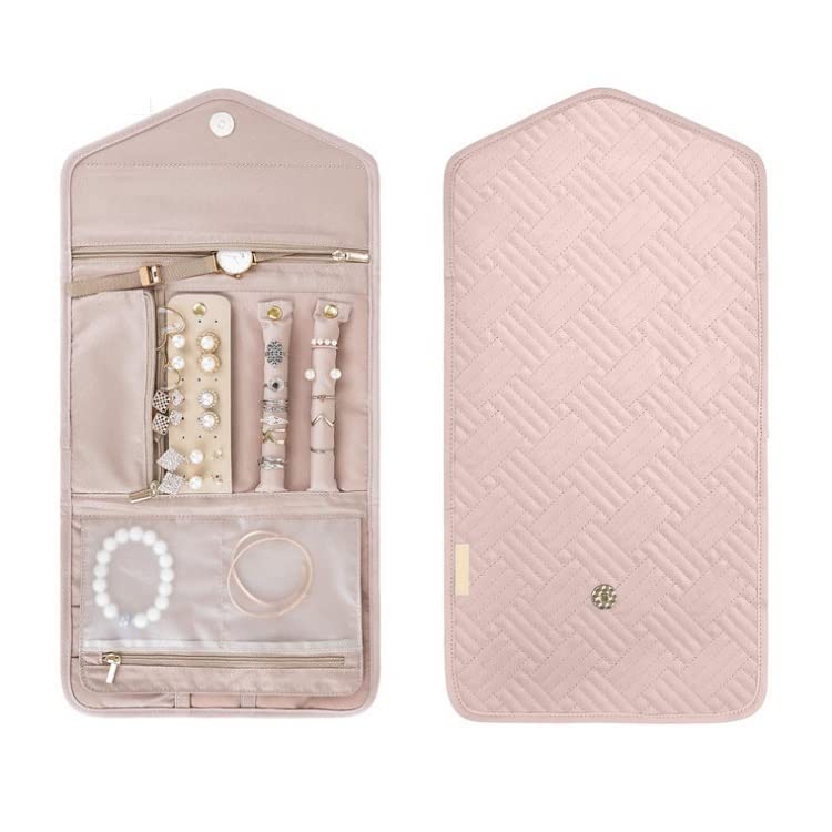 Portable Travel Vacation Storage Roll Bag Woman Ring Earrings Necklaces Gold Silver Jewellery Box,Pink