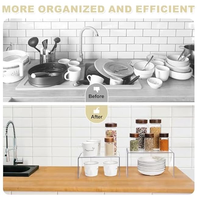 Acrylic Clear Kitchen Rack for Dishes, Spices Jars and Mugs, Kitchen Counter Cabinet Organizer, Clear Spice Rack Shelves, 5mm Thick, 2 Pack