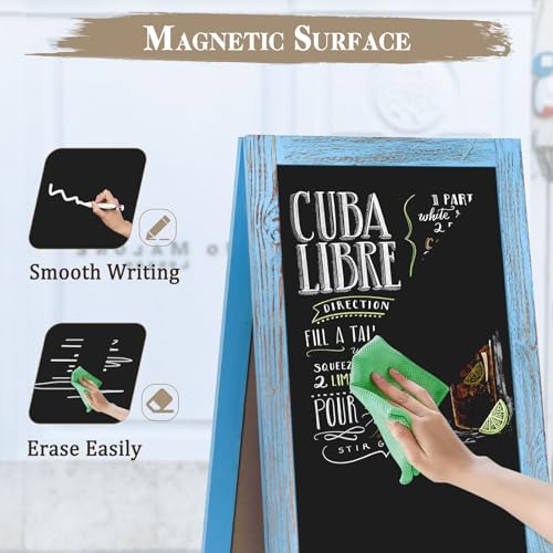 Image of Double-Sided Magnetic 40 inch x 20 inch Blue Chalk Board Sign Board | Wooden A-Frame Sign, Sandwich Board Signs Outdoor, Chalkboard Easel, Menu Board for Restaurant, Business or Wedding