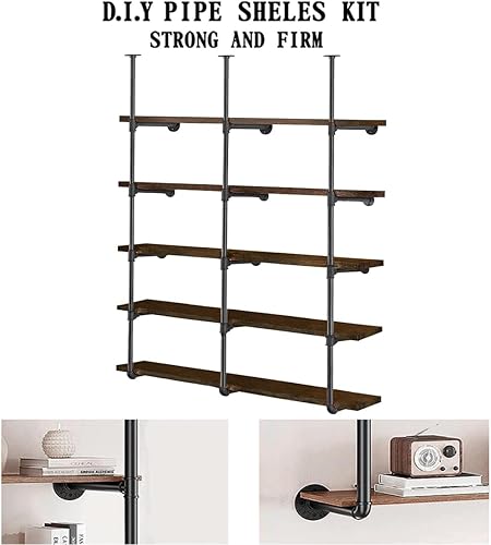 Miniatura 5 de HITOMEN Estantes industriales de tubos de hierro, 3 juegos de 5 niveles, 70 pulgadas de alto, 12 pulgadas de profundidad, estantería abierta de