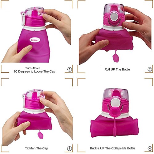 Kemier kollabierbare Silikon-Wasserflaschen-750ML, Medizinische Qualität, BPA-Frei, FDA-Zugelassen, Aufrollen, 26oz, auslaufsicher, Faltbar Sport & Outdoor-Wasserflaschen (Rosa)