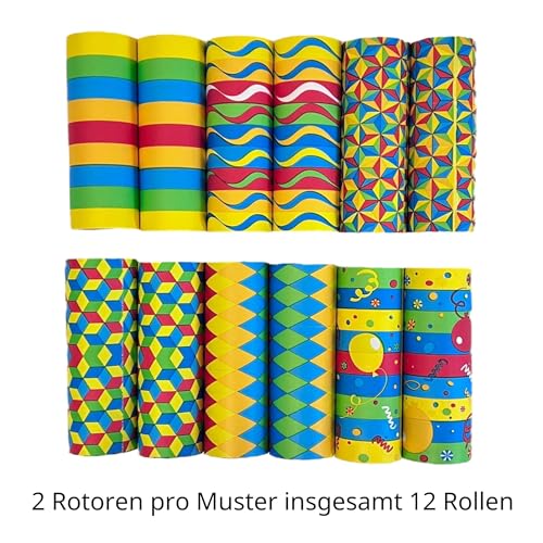 ARKRAFT Serpentine Luftschlangen 12 Rollen Mehrfarbig Gestreift und Gemustert, Party-Dekoration für Karneval und Geburtstag (P12 Mix)