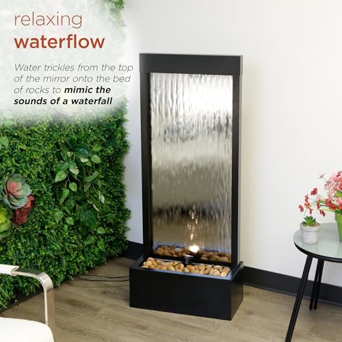 Image of Alpine Corporation - Mirror Waterfall Fountain with Stones & Lights - Zen Indoor /Outdoor Decor for Office, Living Room, Patio, Entryway - 48 Inches (Silver)