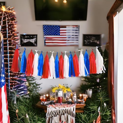 Image of Red White and Blue Tassel Garland,Tissue Tassel Banner for Party Decorations,Pack of 15