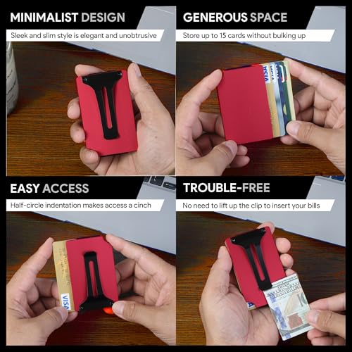 Image of Minimalist Wallet for Men, Slim Metal RFID Blocking Wallet Credit Card Holder Money Clip & Cash Strap, Scratch-Resistant Holds 15 Cards,Ideal Gift for Men | Matt Red