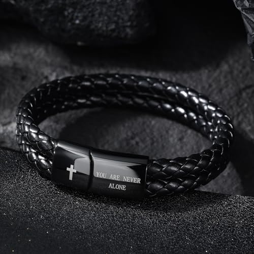 Men's Leather Bracelet with Cross Bible Verse, Double Layer Black Leather Bracelet for Men, Christian Religious Inspirational Gift for Him Men Dad Husband Boyfriend Grandson Son2