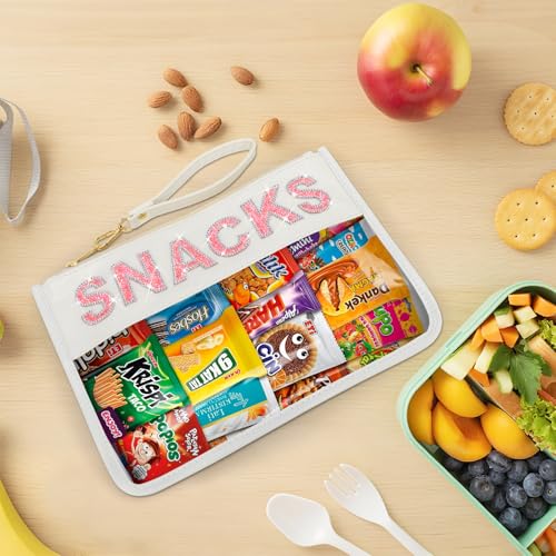 Clear Snack Bag For Travel Beach Work Waterproof, Bling Rhinestone Letter Cosmetic Bags Travel Toiletry Bag,Cute Snack Pouch Organization,Personalized Makeup Bag Gift For Women Girls (Pink-Snacks)4