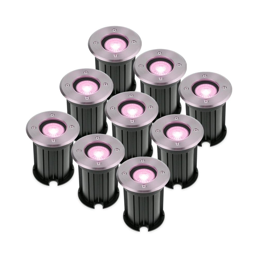 HOFTRONIC - 9er Maisy - Smart Home LED Bodeneinbaustrahler außen GU10 - IP67 Wasserdicht - Edelstahl - WiFi + Bluetooth - Farbig RGBWW - Einbaustrahler außen Edelstahl