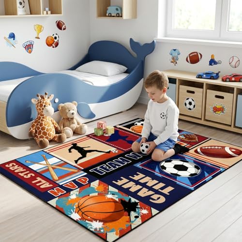 BATATADOCE Sports Rug - 2.5x4 Feet Small Area Rug Basketball Football Soccer Baseball Kids Play Carpet for Boys Bedroom Game Room Living Playroom Decor