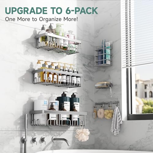 Image of Veken Shower Caddy 6-Pack, Advanced Rustproof Design, No Drilling Adhesive Shelves, Rack with Soap Holder, Large Capacity Bathroom Organizers and Storage, Wall-Mounted Kitchen & Home Decor, Silver
